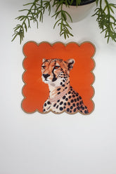 Watercolor Cocktail Napkin with Orange Background Embroidery Edge Fabric and Cheetah Design, 1 Piece