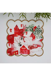 Sulu Boya Kırmızı Evler Yılbaşı Temalı Nakış Kenar Kokteyl Peçetesi 1 Adet