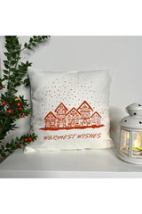 Warmest Wishes Sloganlı Ev Desenli Ekru Kırlent Kılıfı