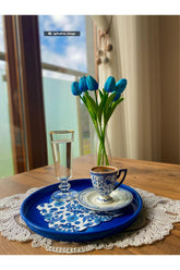 Blue Tile Motif Patterned Digital Printed Cocktail Napkin Washable Laser Cut