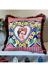 Kalp Portreli Meksikalı Kadın Desenli Dijital Baskılı Kadife Kırlent Kılıfı Saçaklı