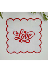 Red Love Heart Design Embroidered Fabric Cocktail Napkin, 1 Piece