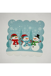 Digitally Printed Laser Cut Cocktail Napkin with Happy Snowmen Pattern on a Turquoise Background