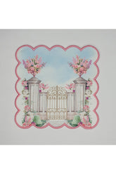 Pembe Çiçekler ve Saray Desenli Düğün Temalı Etrafı Nakışlı Kokteyl Peçetesi