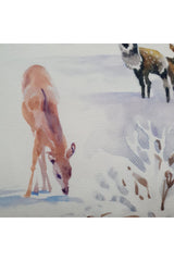 White Cushion Cover with Watercolor Deer and Snow Pattern