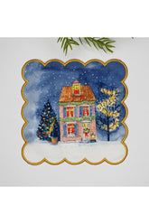 Cute Christmas House Watercolor Pattern Digital Printed Embroidered Cocktail Napkin