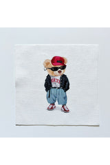 Cool Teddy Bear Patterned Fabric Cocktail Napkin Washable Laser Cut