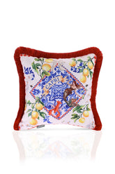 Capri Limonata – Mavi Beyaz Akdeniz Tasarımlı Saçaklı Kadife Kırlent Kılıfı - 43x43cm