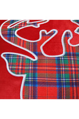 Plaid Deer Head Applique Embroidery Patterned Velvet Cushion Cover Red