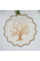 Gold Color Tree and Bird Design Printed Embroidered Edge Fabric Cocktail Napkin 1 Piece