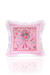 Love Bloom Kalpli Pembe Renkli Çiçekli Saçaklı Kadife Kırlent Kılıfı - 43x43cm