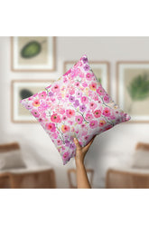 Kırlent Kılıfı Sulu Boya Küçük Pembe Çiçek Desenli Dijital Baskılı