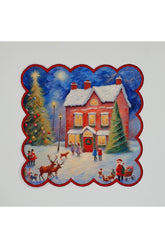 Oil Painting Christmas House and Deer Patterned Cocktail Napkin with Embroidered Edge