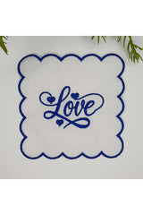 Blue Love Heart Design Embroidered Fabric Cocktail Napkin 1 Piece