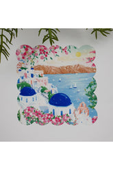 Watercolor Santorini Seascape Patterned Washable Fabric Cocktail Napkin, 1 Piece