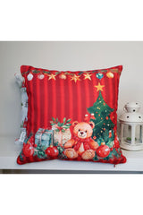 Red Striped Teddy Bear Patterned Christmas Cushion Cover