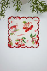 Watercolor Cherry and Text Patterned Embroidered Edge Fabric Cocktail Napkin 1 Piece