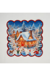 Fairytale Christmas House Under the Snow Digitally Printed Cocktail Napkin with Embroidered Borders