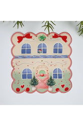 Sulu Boya Şeker Ev Tasarımlı Yılbaşı Konsept Etrafı Nakışlı Kumaş Kokteyl Peçetesi 1 Adet