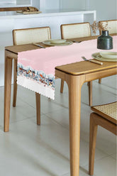 Laser Cut Elegant Runner with Pastel Pink Sky Winter Concept Happy People Town Design