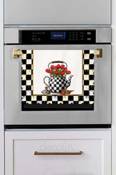 Checkerboard Patterned Tulip Teapot Themed Digital Printed Laser Cut Seamless Oven Cover - 40x52cm