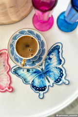 Blue Butterfly Shaped Embroidered Edge Fabric Cocktail Napkin 1 Piece