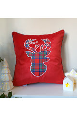 Plaid Deer Head Applique Embroidery Patterned Velvet Cushion Cover Red