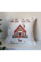 Watercolor New Year's Concept Sweet Mountain House and Globe Patterned Cushion Cover