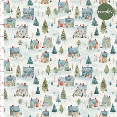 Sulu Boya Tatlı Evler Desenli Dijital Baskılı Kumaş