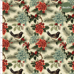 Vintage Kuşlar ve Kokinalar Desenli Dijital Baskılı Kumaş