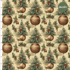 Vintage Yılbaşı Süslemeleri Desenli Dijital Baskılı Kumaş