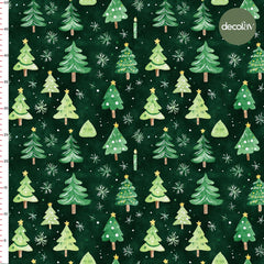 Sulu Boya Yeşil Zemin Çam Ağaçları Desenli Dijital Baskılı Kumaş