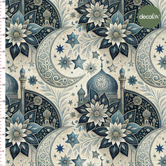 Ramadan Themed Digital Printed Fabric with Flower, Mosque and Star Figures
