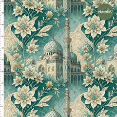 Ramadan Themed Digital Printed Fabric with Mosque and Flower Motifs