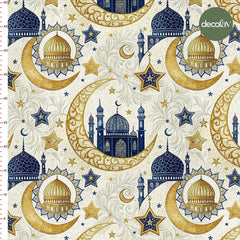 Ramadan Themed Digital Printed Fabric with Mosque and Crescent Figures