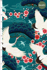 Traditional Japanese Style Stork and Flower Pattern Digital Printed Fabric