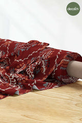 Red Background Digital Printed Fabric with Embroidery Effect Motif Pattern