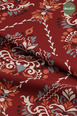 Red Background Digital Printed Fabric with Embroidery Effect Motif Pattern