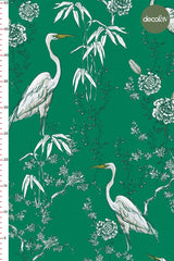 Digitally Printed Fabric with Green Ground Heron and Leaf Pattern