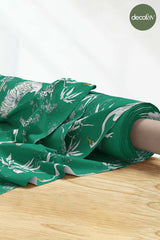 Digitally Printed Fabric with Green Ground Heron and Leaf Pattern