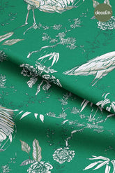 Digitally Printed Fabric with Green Ground Heron and Leaf Pattern