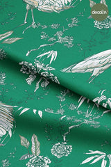 Digitally Printed Fabric with Green Ground Heron and Leaf Pattern