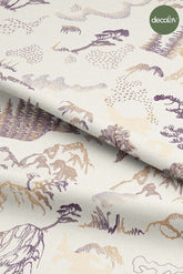 Digitally Printed Fabric with Tiger and Landscape Drawings on a Light Beige Background
