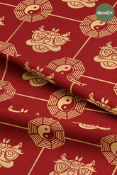 Geleneksel Çin Stili Ejderha ve Ying-Yang Desenli Dijital Baskılı Kumaş