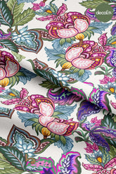 Digitally Printed Fabric with Watercolor Botanical Flowers and Leaves Design