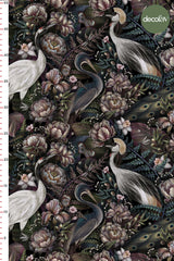 Exotic Midnight Peacocks and Botanical Flowers Digital Printed Fabric