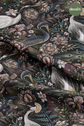 Exotic Midnight Peacocks and Botanical Flowers Digital Printed Fabric