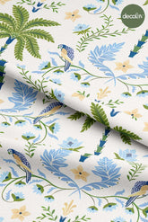 Digitally Printed Fabric with Tropical Birds and Palm Tree Patterns