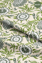 Green Stylized Flowers and Leaves Patterned Digital Printed Fabric