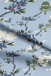 Soft Blue Background Spring Flowers Digital Printed Fabric